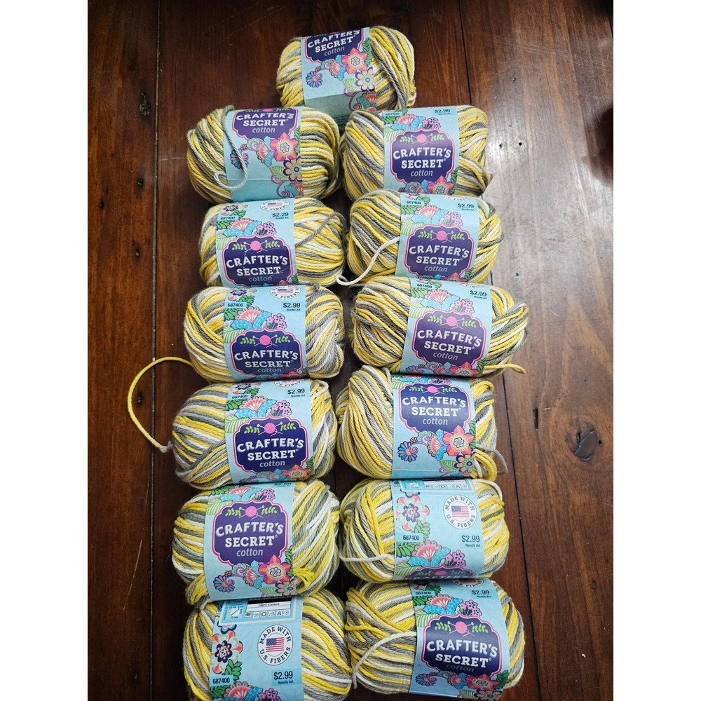 11 Skeins Crafter's Secret Cotton Yarn Sun & Shadow Yellow Grey White Variegated
